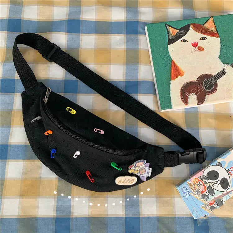 Canvas Waist Bag Women Fanny Pack with Brooch Zipper Cross Body Pouch