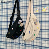 Canvas Waist Bag Women Fanny Pack with Brooch Zipper Cross Body Pouch