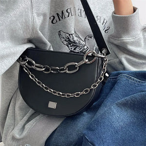 Chain Women Saddle Shoulder Bag PU Leather Female Purse Handbags Solid Ladies Cr