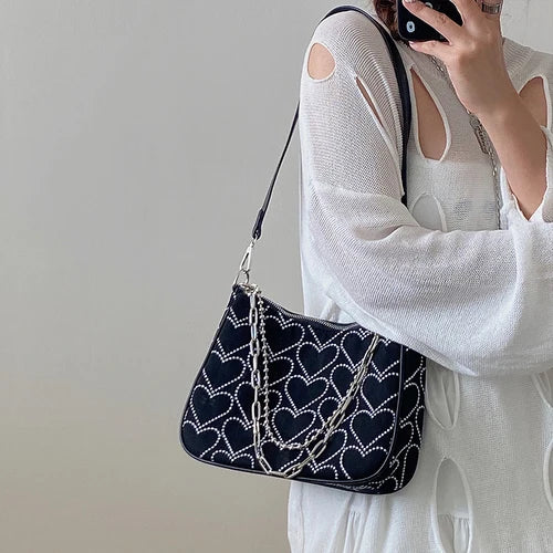 Hot Girls Underarm Bags Heart Embroidery Women Shoulder Messenger Bag