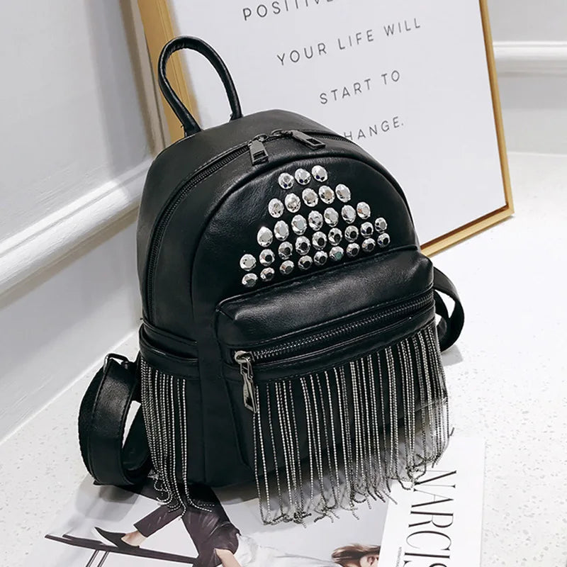 Chain Tassels Women Backpacks PU Leather Small Backpack for School Girls