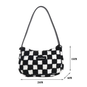 Plush Shoulder Bag for Women, Checker Print, Zipper Purse
