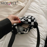 Plush Shoulder Bag for Women, Checker Print, Zipper Purse