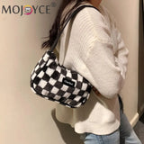 Plush Shoulder Bag for Women, Checker Print, Zipper Purse