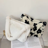 Plush Shoulder Bag for Women, Checker Print, Zipper Purse