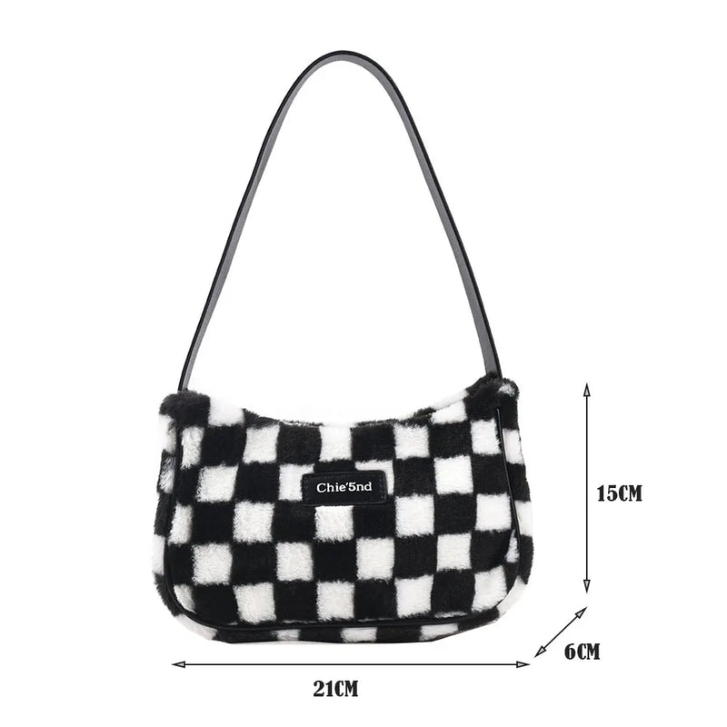 Plush Shoulder Bag for Women, Checker Print, Zipper Purse