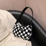 Plush Shoulder Bag for Women, Checker Print, Zipper Purse