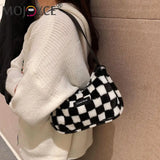 Plush Shoulder Bag for Women, Checker Print, Zipper Purse