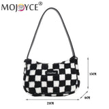 Plush Shoulder Bag for Women, Checker Print, Zipper Purse