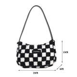 Plush Shoulder Bag for Women, Checker Print, Zipper Purse