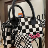 Checkerboard Boston Bag Mini Flower Pendant Handbag