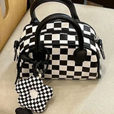 Checkerboard Boston Bag Mini Flower Pendant Handbag