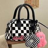 Checkerboard Boston Bag Mini Flower Pendant Handbag