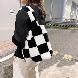 Checkered Print Shoulder Bag Plush Handbag Tote Bags Women Shopper bag