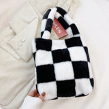 Checkered Print Shoulder Bag Plush Handbag Tote Bags Women Shopper bag