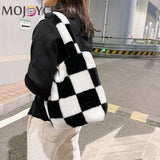Checkered Printing Shoulder Underarm Bag Soft Plush Handbags