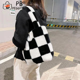 Checkered Printing Shoulder Underarm Bag Casual Autumn Winter Soft Plu