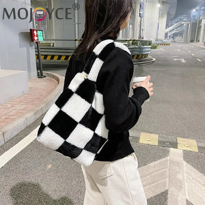 Checkered Printing Shoulder Underarm Bag Soft Plush Handbags