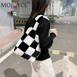 Checkered Printing Shoulder Underarm Bag Soft Plush Handbags