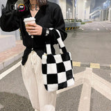 Checkered Printing Shoulder Underarm Bag Soft Plush Handbags