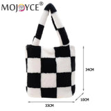 Checkered Printing Shoulder Underarm Bag Soft Plush Handbags