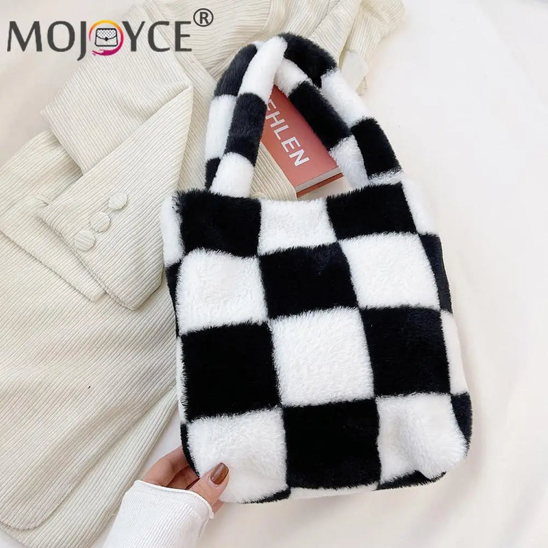 Checkered Printing Shoulder Underarm Bag Soft Plush Handbags