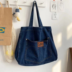 Large Denim Women's Shoulder Bag Soft College Student Book Bag
