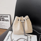 Corduroy Drawstring Handbag Bucket Chain Shoulder Crossbody Bag