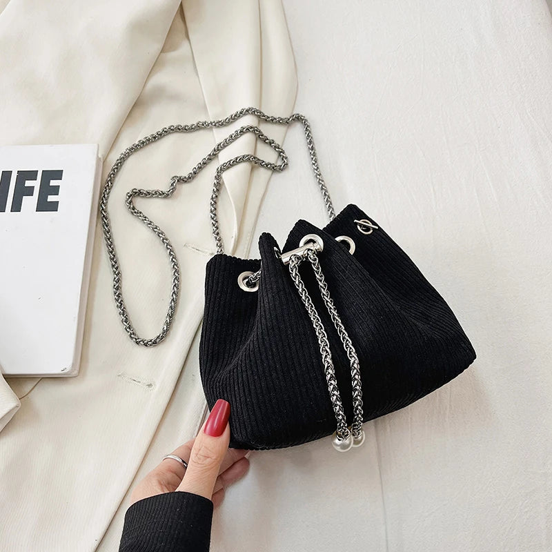 Corduroy Drawstring Handbag Bucket Chain Shoulder Crossbody Bag