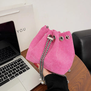 Corduroy Drawstring Handbag Bucket Chain Shoulder Crossbody Bag