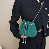 Corduroy Drawstring Handbag Bucket Chain Shoulder Crossbody Bag