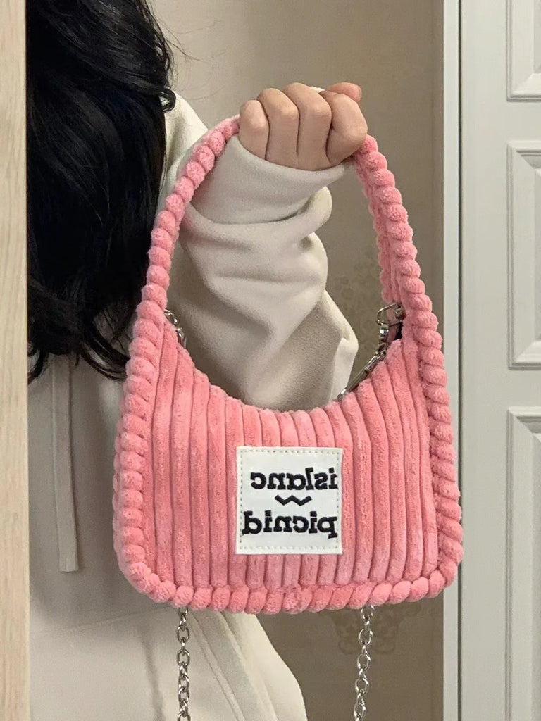 Corduroy Crossbody Bag Chain Letter Purse Sweet Hobos Shoulder Bag