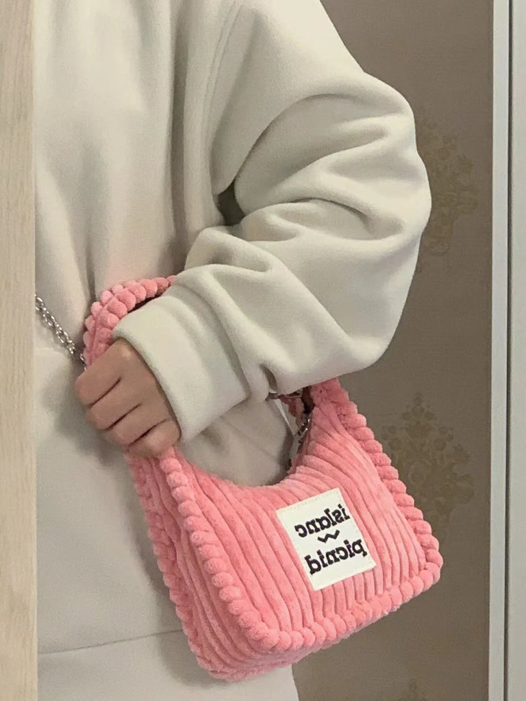 Corduroy Crossbody Bag Chain Letter Purse Sweet Hobos Shoulder Bag
