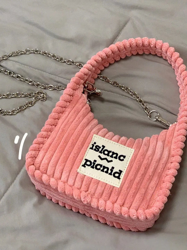Corduroy Crossbody Bag Chain Letter Purse Sweet Hobos Shoulder Bag