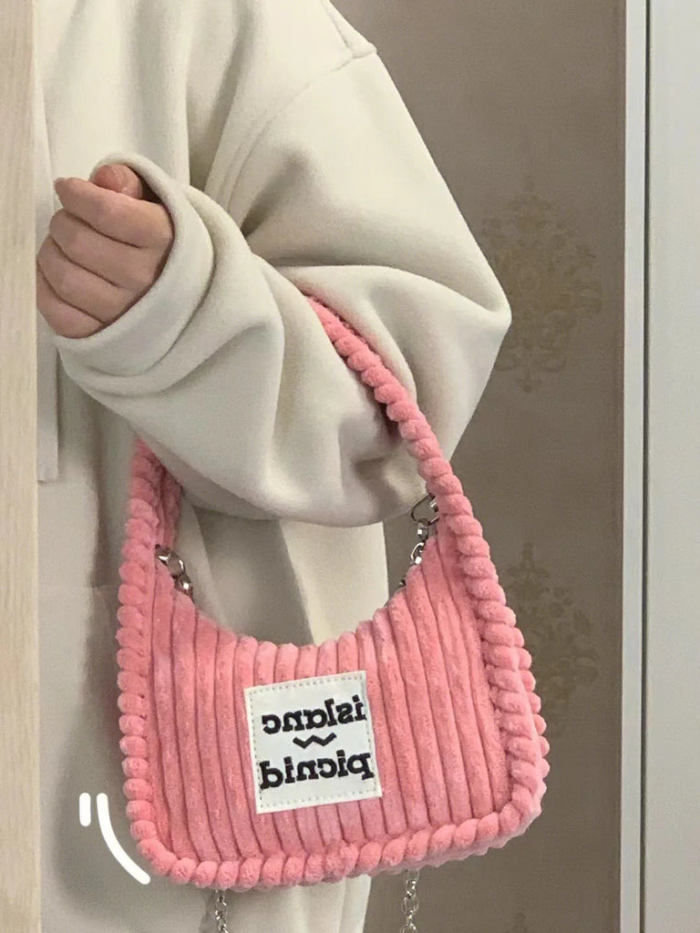 Corduroy Crossbody Bag Chain Letter Purse Sweet Hobos Shoulder Bag