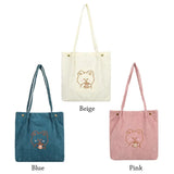 Corduroy Tote Bag Embroidered Bear Shoulder Shopping Bag