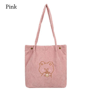 Corduroy Tote Bag Embroidered Bear Shoulder Shopping Bag