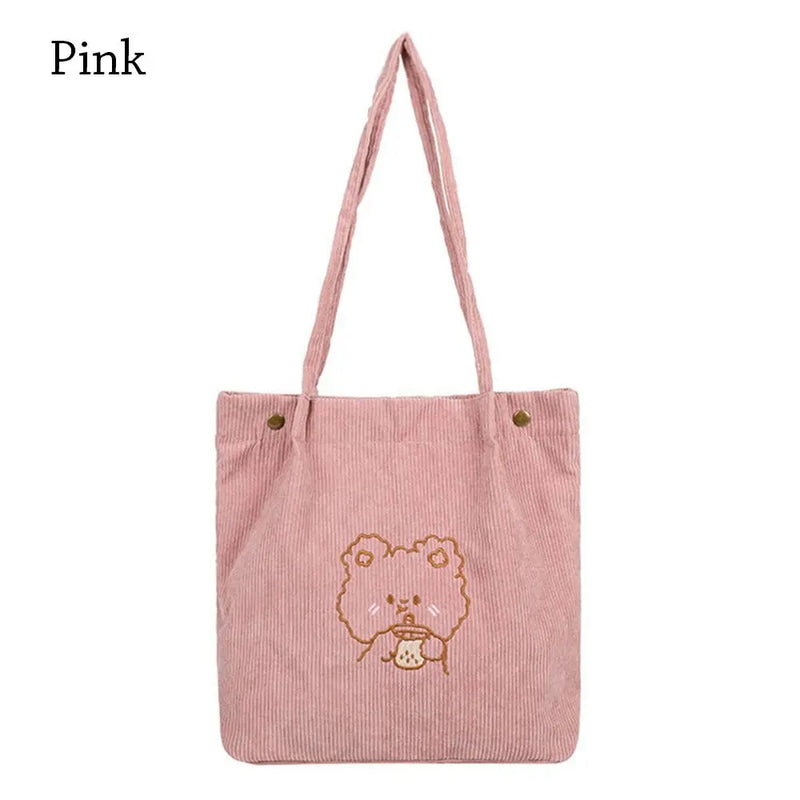 Corduroy Tote Bag Embroidered Bear Shoulder Shopping Bag