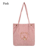Corduroy Tote Bag Embroidered Bear Shoulder Shopping Bag