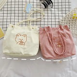 Corduroy Tote Bag Embroidered Bear Shoulder Shopping Bag