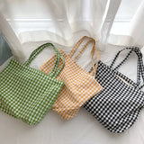 Cotton Plaid Shoulder Bag Eco-Friendly Reusable Shopping Tote Handbag