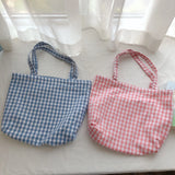 Cotton Plaid Shoulder Bag Eco-Friendly Reusable Shopping Tote Handbag