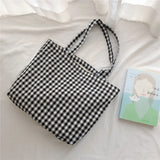 Cotton Plaid Shoulder Bag Eco-Friendly Reusable Shopping Tote Handbag