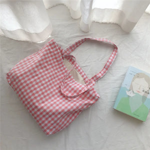 Cotton Plaid Shoulder Bag Eco-Friendly Reusable Shopping Tote Handbag