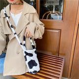 Cow Pattern Plush Crossbody Water Cup Bag Girl Student Small Bucket Handbag