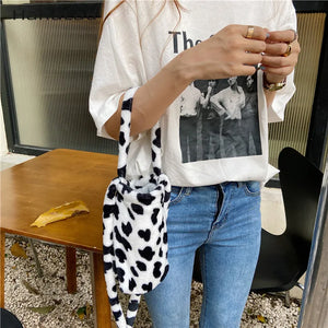 Cow Pattern Plush Crossbody Water Cup Bag Girl Student Small Bucket Handbag