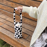 Cow Pattern Plush Crossbody Water Cup Bag Girl Student Small Bucket Handbag