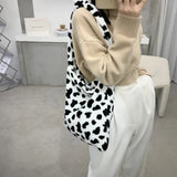 Cow Pattern Shoulder Bag Plush Soft Totes Handbag Lady Travel Purse