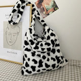 Cow Pattern Shoulder Bag Plush Soft Totes Handbag Lady Travel Purse