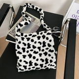Cow Pattern Shoulder Bag Women Plush Soft Tote Handbag Lady Girl Travel Purse